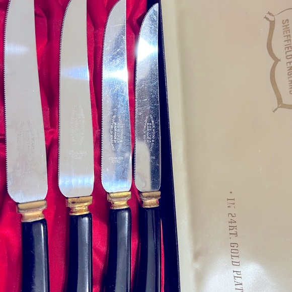 24KT GOLD Plate 3 PC Carving Set with 6 Steak Knives in Original Box ENGLAND. - Picture 4 of 13